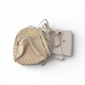 Stylish White and Yellow Checkered Women's Bag with Strap and Wristlet